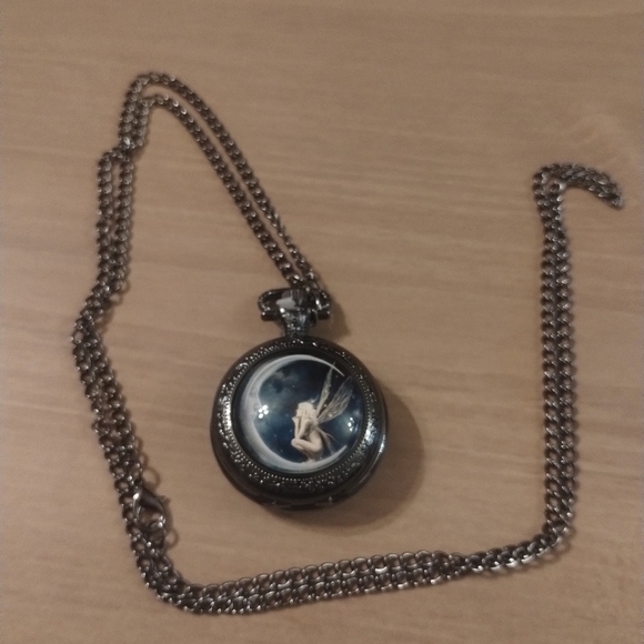 Fairy Moon Pocket Watch Necklace | Vintage Steampunk Quartz Pendant | Celestial - Picture 2 of 5